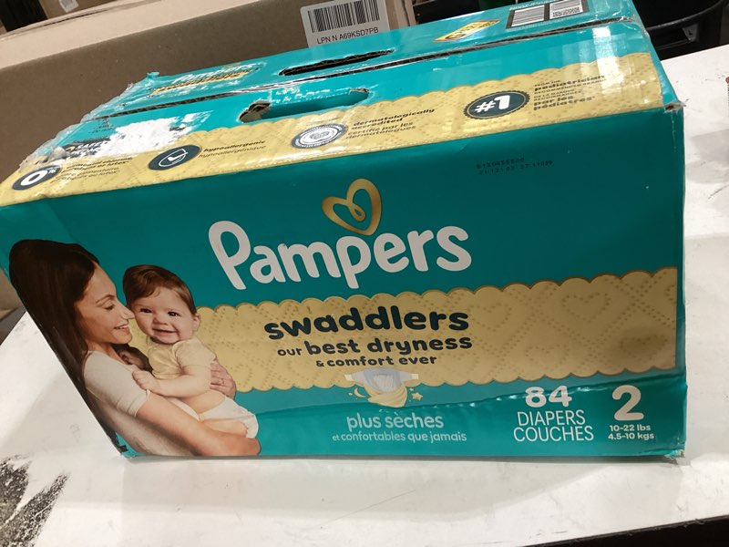 Condition photo showing New/Like New for pampers swaddlers diapers, size 2 (10-22 lbs), 84 count, absorbent, keeps baby dry and comfortable, skin safe disposable baby diaper (packaging may vary) size 2 84