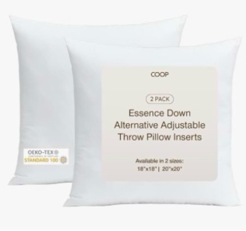 coop home goods essence adjustable throw pillow inserts 18x18, set of 2, adjustable down alternative