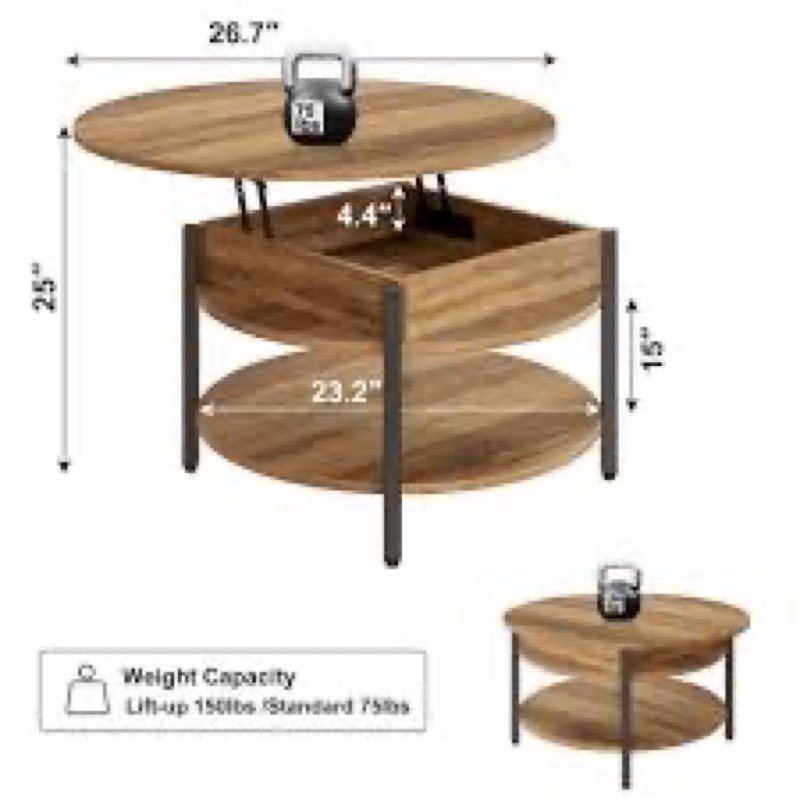 Wynny 27"W Round Lift-Top Wood Coffee Table with Storage