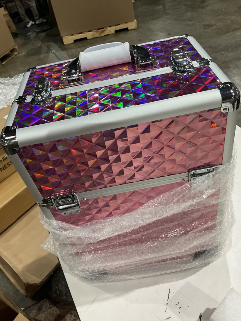 Condition photo showing Good Condition for stagiant rolling makeup train case large storage cosmetic trolley 4 tray with sliding rail removable middle layer with key swivel wheels salon barber case traveling cart trunk pink