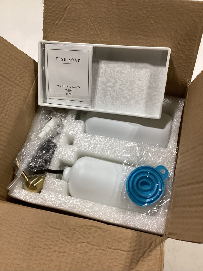 Condition photo showing Good Condition for glass soap dispenser for kitchen, farmhouse kitchen dish soap dispenser&hand soap dispenser set, rustproof pump soap lotion dispenser bathroom with tray, waterproof label for decor(white white bottle + gold pump + black pump