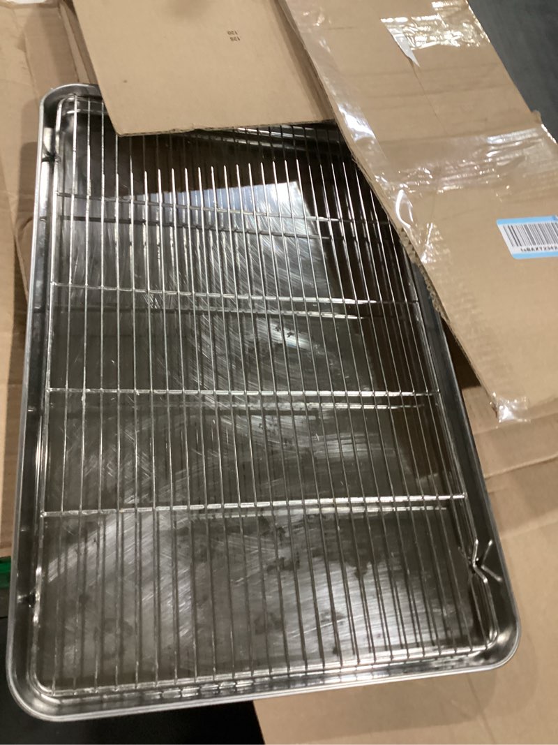 Condition photo showing Good Condition for Large Set Baking Sheet and Cooling Rack Set, Bastwe 24L x 16W x 1H inch Professional Bakeware, Healthy & Nontoxic & Rustproof & Easy Clean 24 inch with Rack