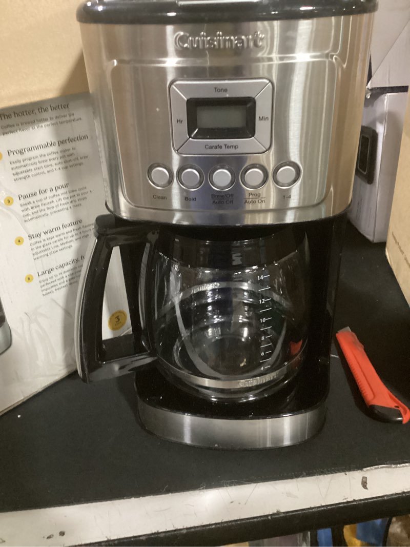 Condition photo showing As Is for cuisinart 14-cup coffee maker, programmable perfectemp glass carafe coffee machine with 1-4 cup setting, brew strength control and pause, stainless steel, dcc-3200nas 14-cup glass stainless steel