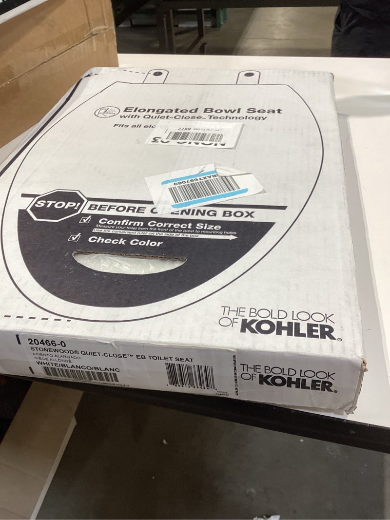 Condition photo showing New/Like New for kohler stonewood quiet-close elongated toilet seat, slow close design, durable wood, easy installation, universal fit, white finish, k-20466-0
