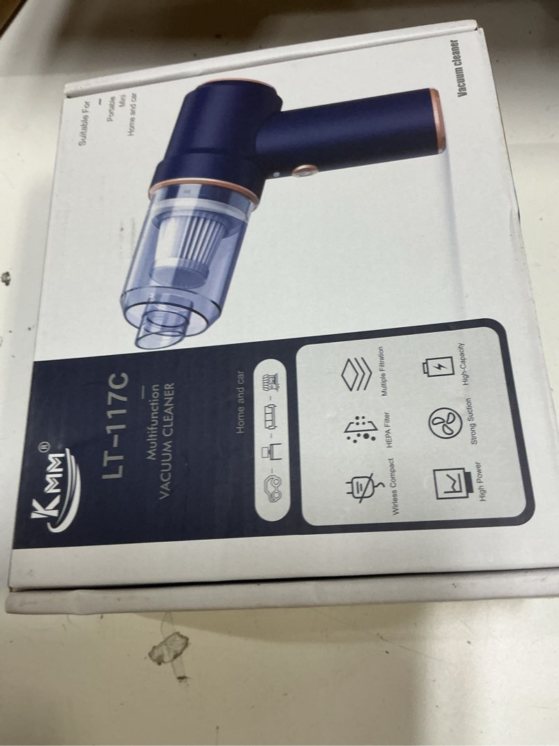 Condition photo showing As Is for kmm handheld car vacuum cleaner, 9000pa vacuum cleaner and air duster, 120w high power hand held vacuum with led light and multi-nozzles for car, home, office, pet blue