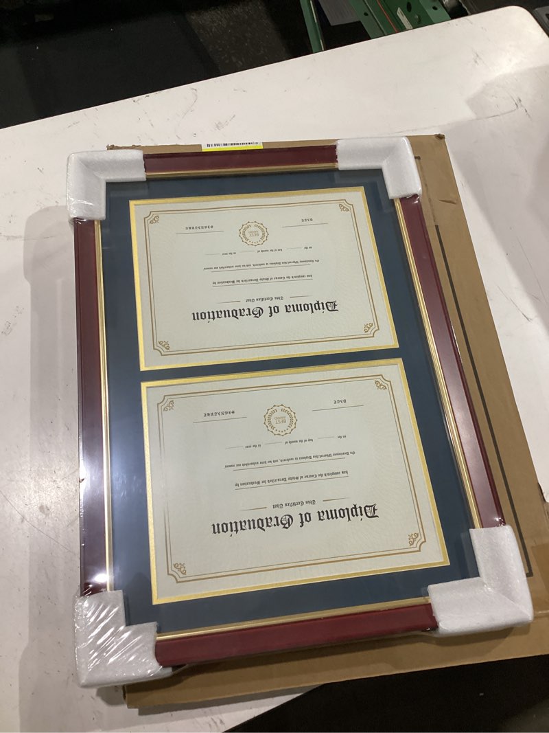Condition photo showing New/Like New for gmframes double diploma frame for two 8.5x11 certificates with navy over gold mat, solid wood, uv protection acrylic, cherry finish with gold trim cherry (navy gold mat) 14x20 for double 8.5x11