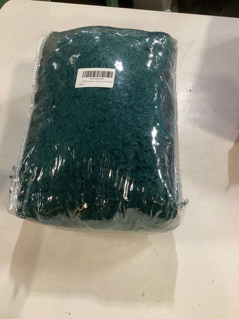 Condition photo showing New/Like New for futei pack of 2 decorative throw pillow covers 26x26 inch,soft fluffy faux wool fur boucle textured pillow shams,modern home decor for couch bed living room office,teal teal 26" x 26" (pack of 2)