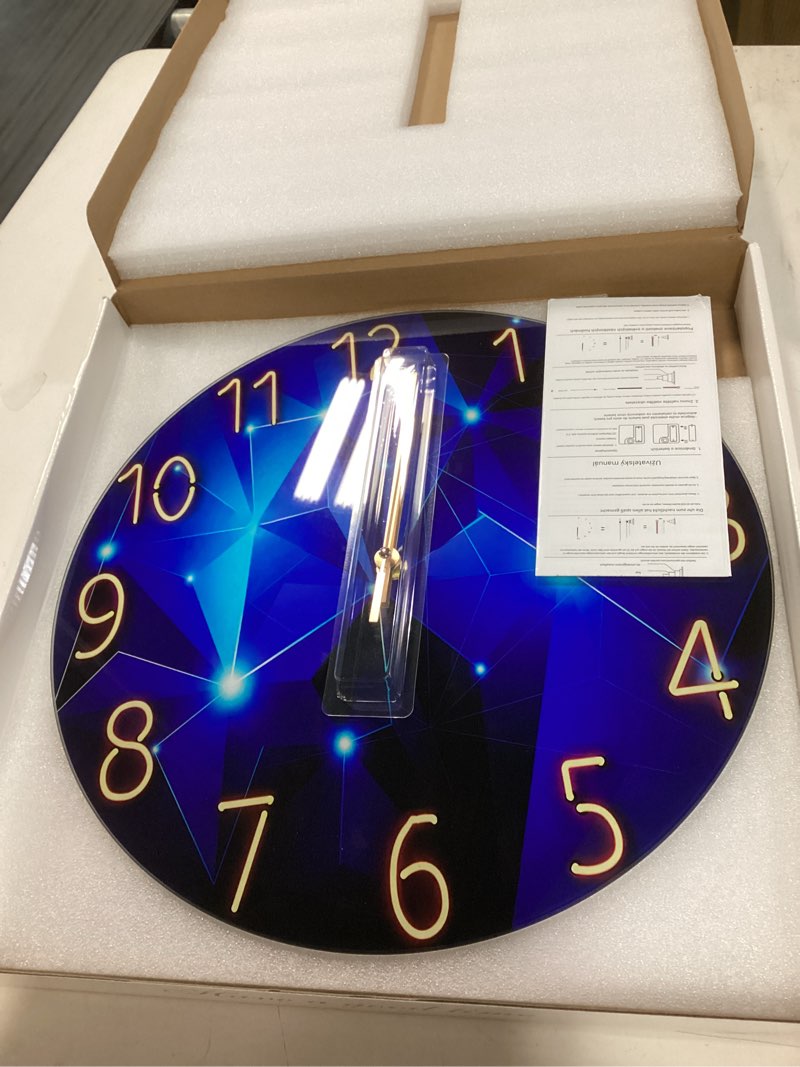 Condition photo showing As Is for Blue Wall Clock Battery Operated 14 Inch Modern Wall Clock Non Ticking Glass Clock for Living Room 14 Inch Blue5