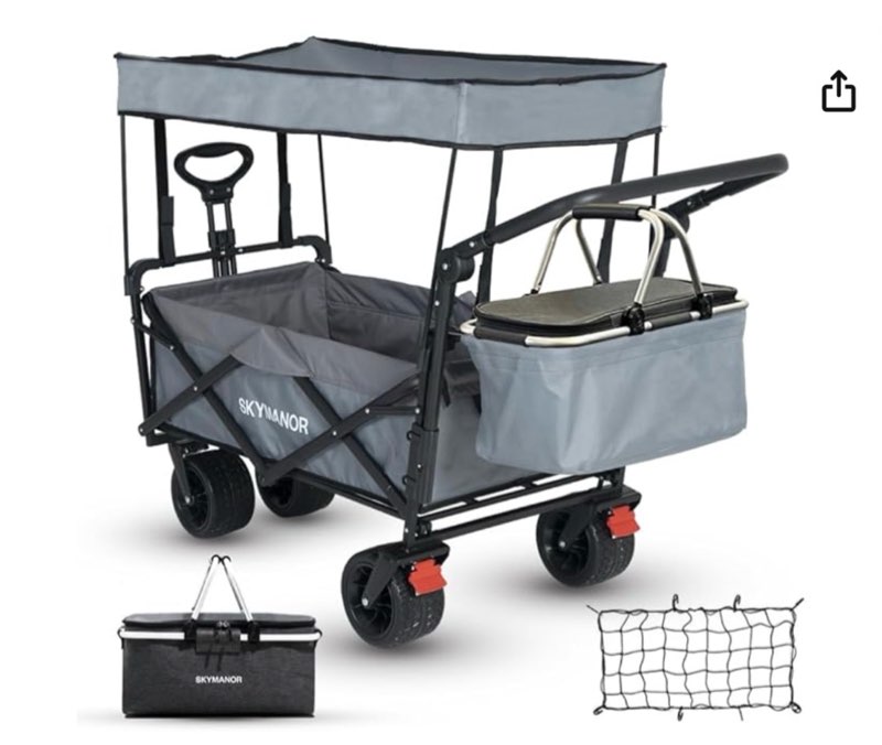 skymanor collapsible wagon with removable canopy, 3-in-1 heavy duty garden cart with big all-terrain wheels, brakes, adjustable push pull handle, cooler bag, 300lbs wagon cart for camping (grey)