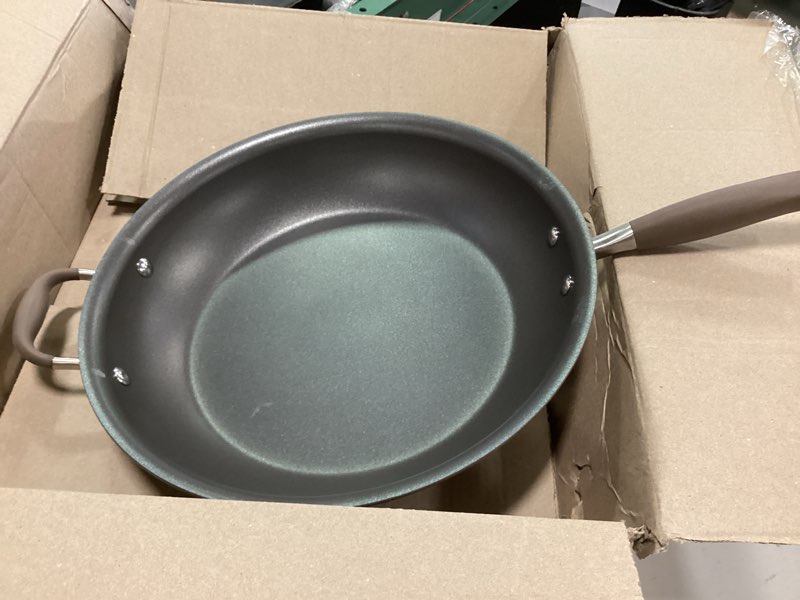 Condition photo showing As Is for Anolon Advanced Home Hard Anodized Nonstick Frying Pan, 14.5 Inch – Large Skillet with Helper Handle, 14 Inch Nonstick Frying Pan, Durable Cookware - Bronze Bronze 14-Inch w/ Helper Handle