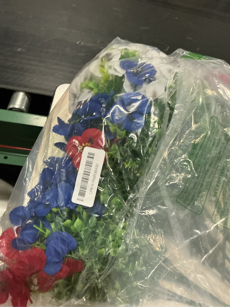 Condition photo showing Good Condition for 18 pcs artificial fake pansy flowers for outdoor, uv resistant faux silk pansies patriotic flowers for outside for planter front door porch patio window 4th of july home decor (18, red, white, blue) red, white, blue 18
