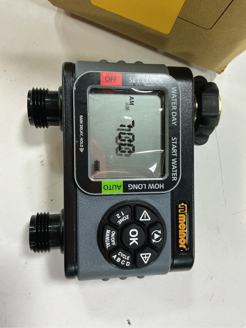 Condition photo showing Good Condition for melnor 65166amz hydrologic digital hose timer, 2-zone programmable watering timer, quick connect bundle, black, grey