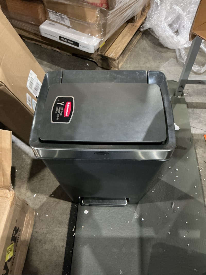 Condition photo showing Good Condition for rubbermaid premier series iii step-on trash can for home and kitchen, with stainless steel rim, 12.4 gallon, charcoal, for home/kitchen/garage/apartment/office metal rim, resin lid