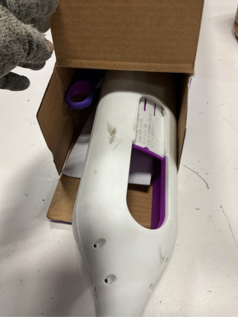 Condition photo showing As Is for swiffer powermop multi-surface mop kit for floor cleaning, includes powermop, 2 mopping pad refills, 1 cleaning solution with fresh scent and 2 batteries purple and white