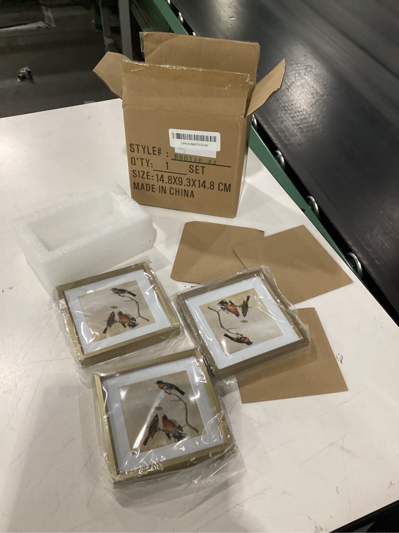 Condition photo showing New/Like New for 4x4 Picture Frame, Brass Metal Photo Frames with HD Glass, Fits 3x3 with Mat or 4 x 4 without Mat, Display for Wall and Table, 3 Pack Brass 4x4