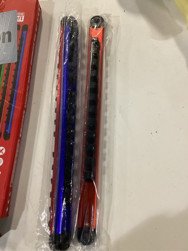 Condition photo showing As Is for Magnetic Socket Holder Organizer Set: 3-Piece Detachable 1/4, 3/8, 1/2 Socket Trays Socket Organizer for Tool Box Drawer Holds 120-Piece Standard Size Sockets for Automotive Garage(Blue Red Green) 3PCS--Holds 120 Sockets -ONLY 3-