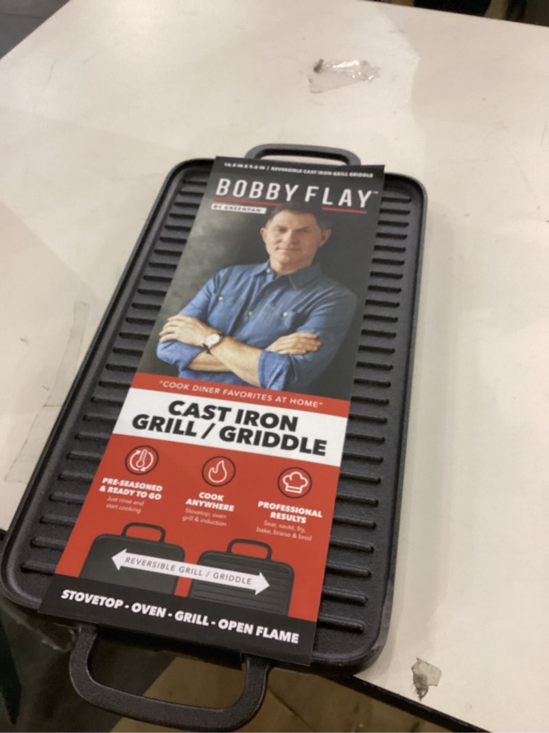 Condition photo showing Good Condition for GreenPan x Bobby Flay Cast Iron Pre-Seasoned 16.5 x 9.5” Reversible Double Burner Griddle, Rectangular Grill, Helper Handles, Induction, Versatile Stovetop Oven BBQ & Fire, Indoor & Outdoor Use, Black