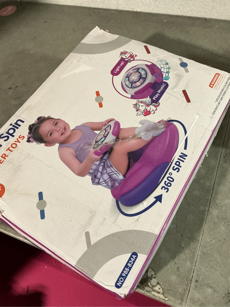 Condition photo showing As Is for hyes unicorn sit and spin toys for toddlers 1-3 girls, 360° toddler spinning seat with led lights and music, sensory toys birthday for kids 3-5 purple
