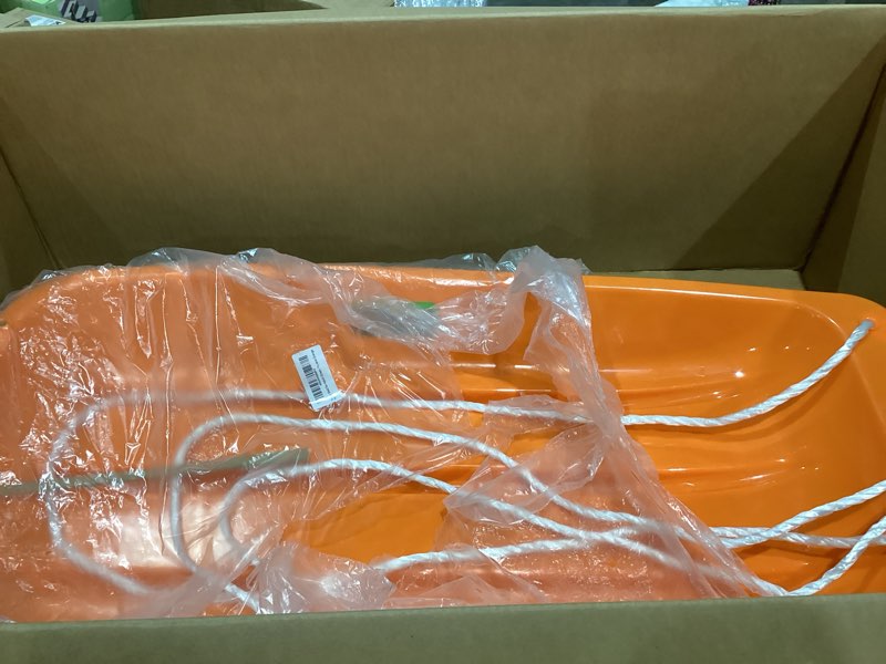 Condition photo showing Good Condition for sled, snow sled for kids and adults, racer downhill sprinter snow sled 35" for 1-2 riders with pull rope and 2 handles, utility pull sled skiing, ice fishing, deer hunting, firewood, work cargo, gift green+purple+orange