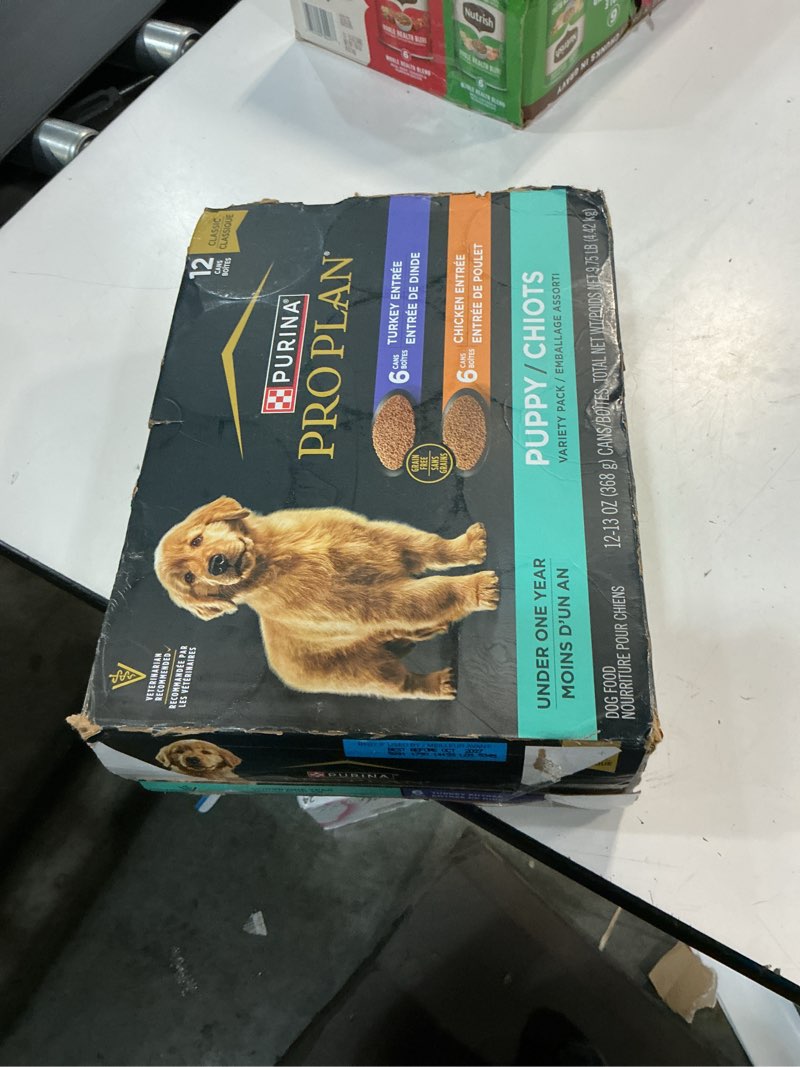 Condition photo showing New/Like New for ( best before :10/2027) purina pro plan development wet puppy food, grain free chicken entree and grain free turkey entree variety pack - (pack of 12) 13 oz. cans