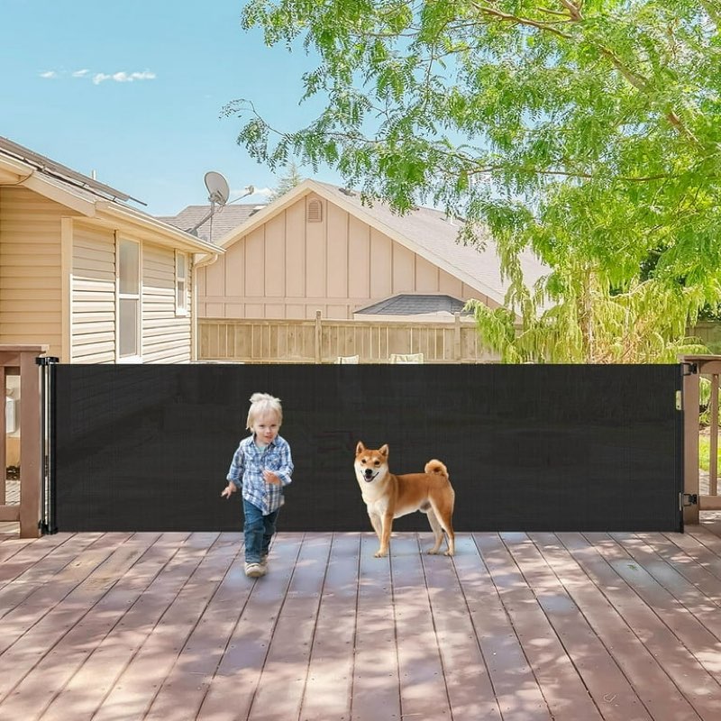 85 Inch Wide Baby Gate for Wide Openings Indoor Retractable Baby Gates Outdoor Retractable Dog Gate Mesh Gates for Kids or Pets Long Pet Gate for Doorways Long Dog Gate for Stairs, Porches, Black(33\" Tall x 85\" Wide)