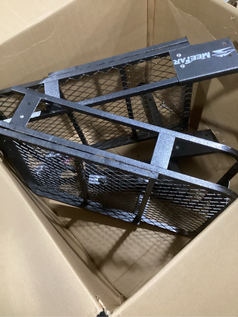 Condition photo showing As Is for (incomplete) hitch mount cargo carrier basket 60\"*20\"*6\"+waterproof bag 16 cubic feet(58\"*19\"*24\"),and cargo net with attachment hooks,ratchet straps,hitch stabilizer.500 lbs capacity,foldable,fit 2\" receiver hitch mount 60\"*20\"*6\"