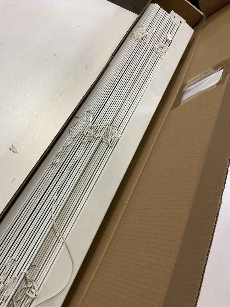 Condition photo showing As Is for allen + roth Trim at Home 2-in Slat Width 35-in x 48-in Cordless White Faux Wood Room