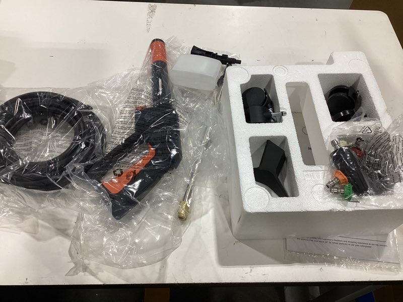 Condition photo showing As Is for (2023 new) rock&rocker upgraded 1750psi pressure washer, 2.5gpm portable electric power washer with 360° spinner wheels, 4 quick connect nozzles foam cannon for car/patio/deck/home cleaning plus
