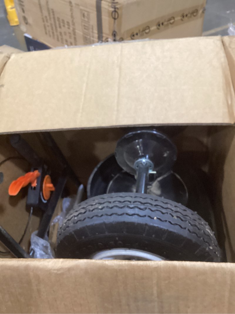 Condition photo showing As Is for vevor walk behind spreader, 60lbs capacity, push spreader with hopper grate, 0-9.8 ft spreading width, 8 in all terrain pneumatic tires, garden & lawn broadcast spreaders, for seed, fertilizer 60lb white hubs + black components