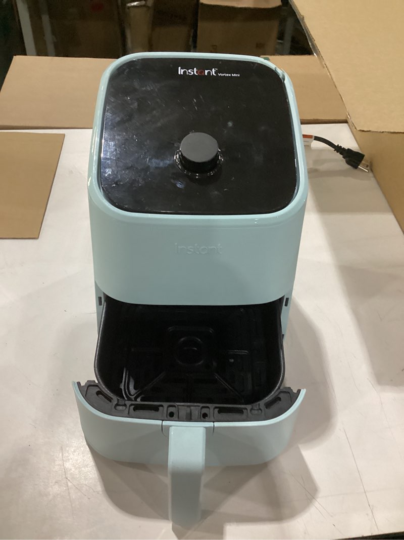 Condition photo showing As Is for instant pot vortex 2qt mini air fryer,small air fryer that crisps,reheats, bakes,roasts for quick easy meals,includes over 100 in-app recipes, is dishwasher-safe, from the makers of instant pot, aqua