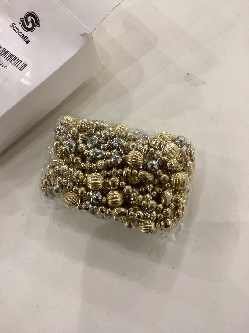 Condition photo showing Good Condition for 24 Feet Exquisite Christmas Tree Decor Acrylic Beads Xmas Tree Garland Multicolor Glitter Hanging Bead Decorations Garland for Trees Indoor Outdoor Home Decor Use(Gold)