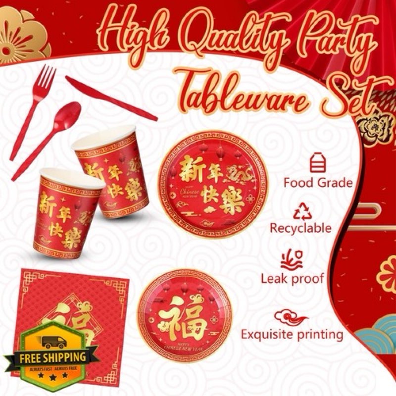 domensi 180 pcs chinese new year party supplies 2026 plates napkins cups serve 30 happy new year par