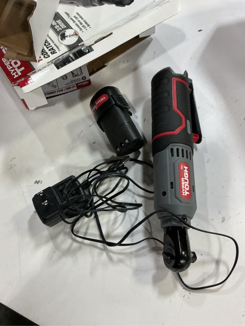 Condition photo showing As Is for hyper tough 12v max* lithium-ion cordless 3/8-inch ratchet with 1.5ah battery and charger, 98804, new