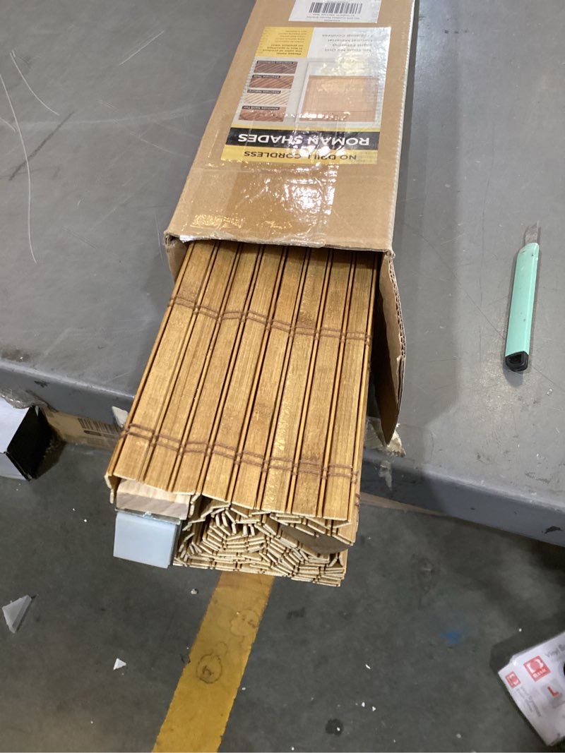 Condition photo showing New/Like New for unishades no drill cordless bamboo roman shades, light filtering woven natural bamboo window covering, easy install roman style shade, for window size 31" w × 64" h - alternate teak ?wide bamboo strips?alternate teak 31" w × 64" h