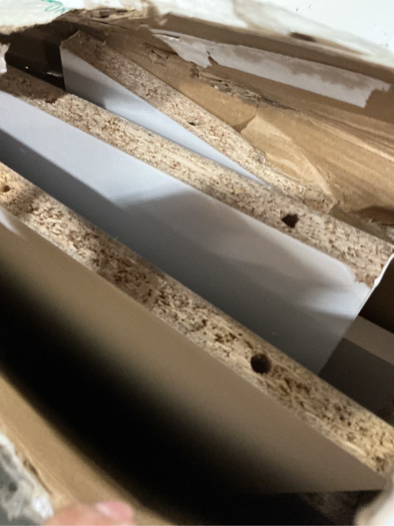 Condition photo showing As Is for closetmaid suitesymphony wood corner shelf unit, 2 shelves, adjustable, stacking, for storage, closet, clothes, shoes, décor, pure white