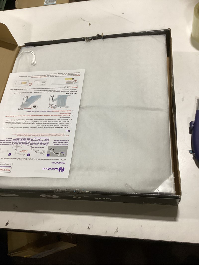 Condition photo showing New/Like New for NearMoon Rain Shower Head With Shower Arm, Ceiling Mount Square Shower, Stainless Steel Ceiling Rainfall Showerhead- Waterfall Full Body Coverage (16 Inch, Brushed Nickel) 16 Inch Brushed Nickel