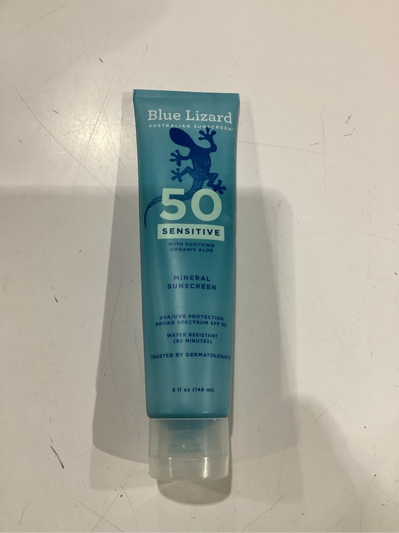 Condition photo showing New/Like New for blue lizard sensitive mineral sunscreen with zinc oxide 50+ water resistant uvauvb protection with smart cap technology fragrance free, sensitve, spf 50 - - tube, unscented, 5 fl oz