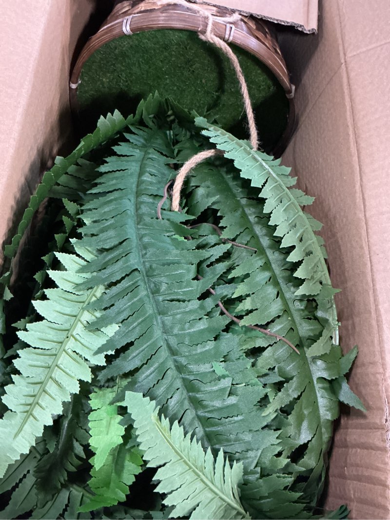 Condition photo showing As Is for nearly natural 22in artificial boston fern hanging basket fake plants indoor home decor faux greenery for bedroom living room porch office green 22"