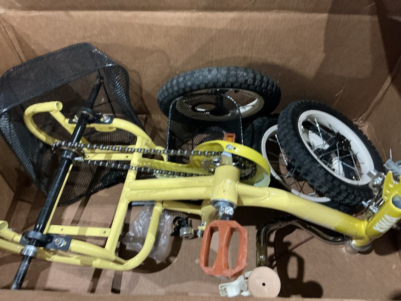 Condition photo showing As Is for 12 inch trike,kids tricycle,kids trike,for ages 3+ beginner riders, with front rear basket and passenger seat, for shopping picnic outdoor kids playground sports,multiple colors yellow