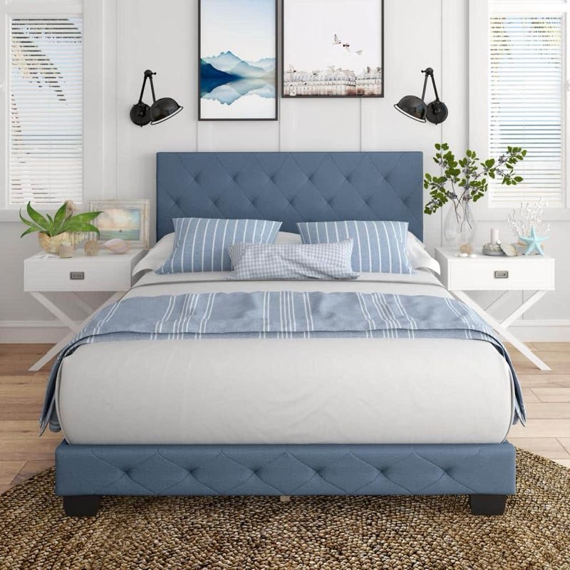 Chloe Upholstered Platform Bed - Blue - Queen Size -   ( incomplete  box 3 of 3 ))