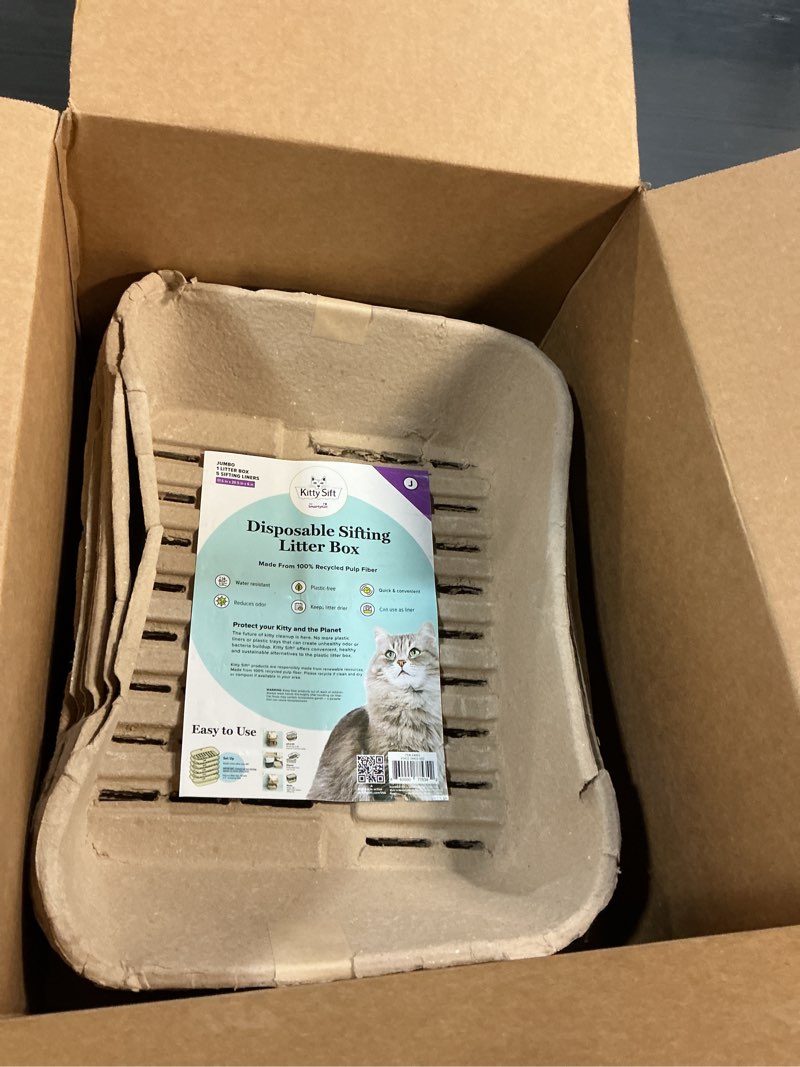 Condition photo showing Good Condition for kitty sift (set of 2 litter boxes & 1 sifting liner) disposable sifting cat litter box jumbo, 3 count, durable and portable for travel with odor control litter box sifting kit jumbo (6-piece set)