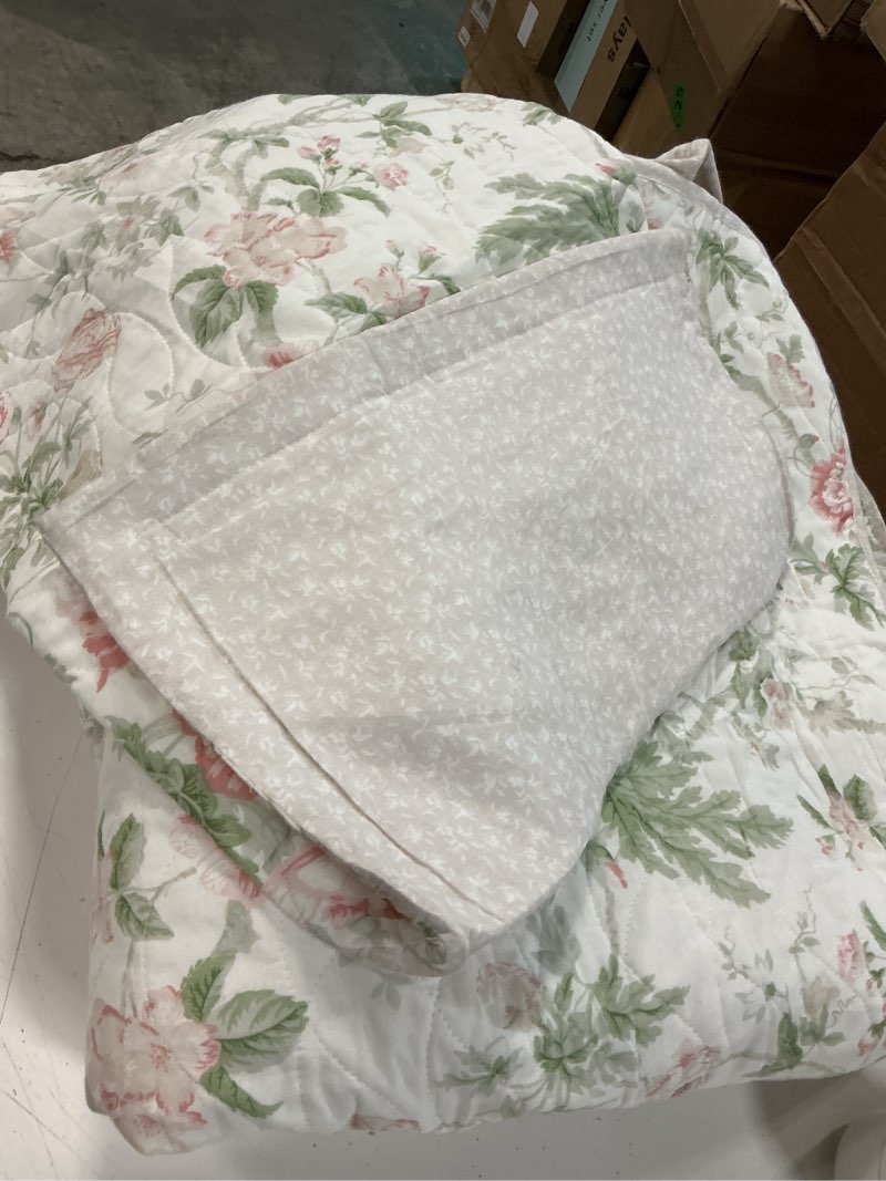 Condition photo showing As Is for laura ashley - king quilt set, super soft cotton bedding with matching shams, envelope closure, floral printed design (bramble pink, king) king bramble pink