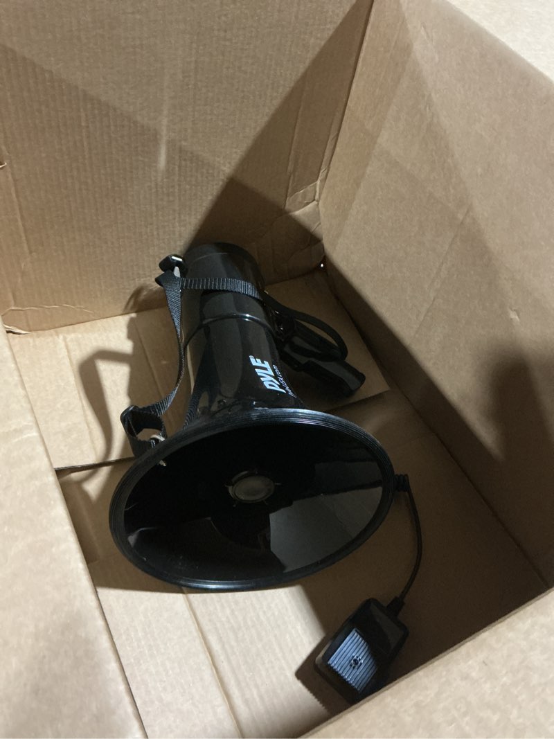 Condition photo showing As Is for PYLE-PRO 50W Megaphone Speaker PA Bullhorn, Black Aux Input, Adjustable Volume, Siren, 35mm Aux Input, Ideal for Sports Events & Emergency Drills- PMP53IN