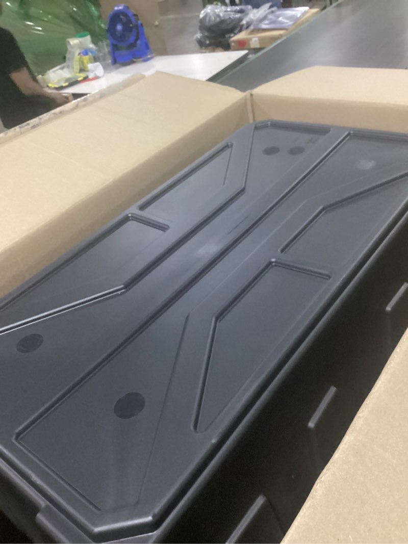Condition photo showing As Is for 40-gallon plastic storage boxes with snap-on lids and handles, dark gray, 2-pack