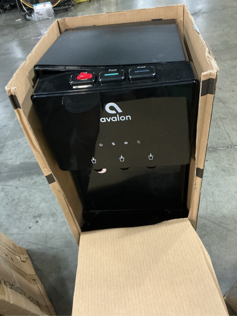 Condition photo showing As Is for (damaged) avalon a4blwtrclr bottom loading water cooler water dispenser - 3 temperature settings - hot, cold & room water, durable stainless steel cabinet, bottom loading - ul/energy star approved