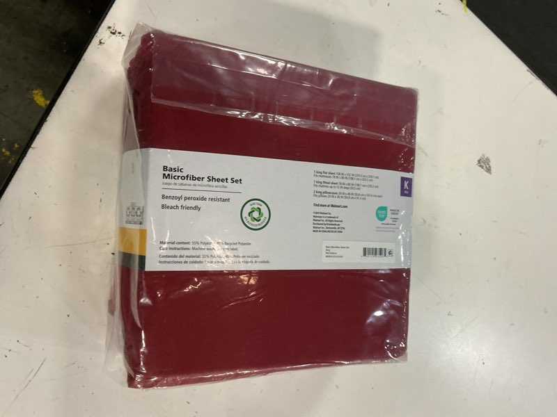 Condition photo showing New/Like New for mainstays basic value microfiber bed sheet set, red sedona, king, 4 piece