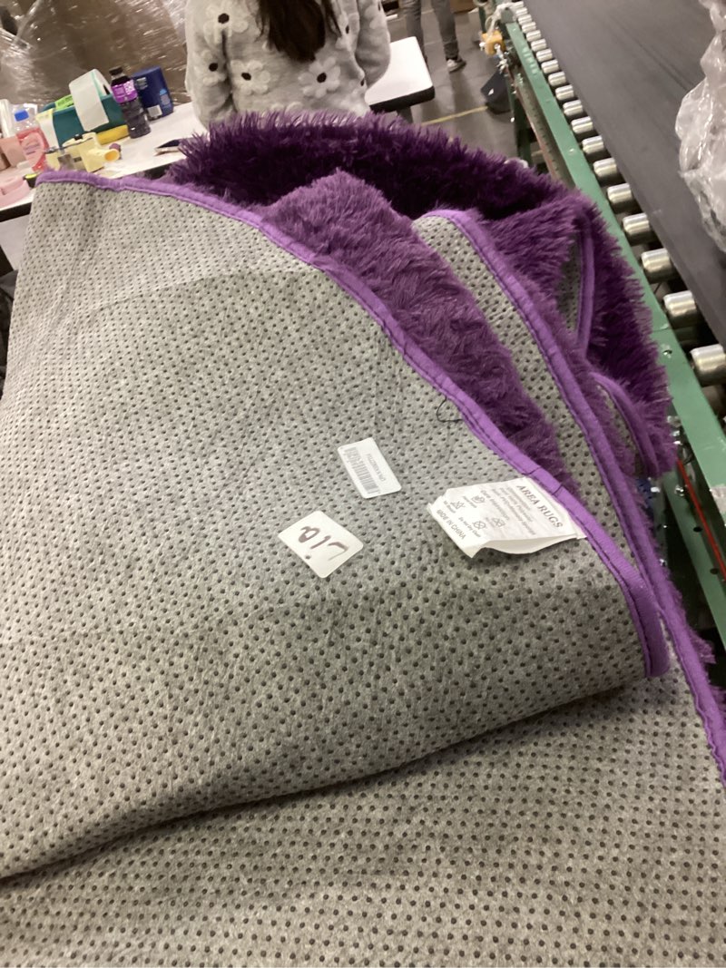 Condition photo showing As Is for Round Purple Rug for Bedroom, 6 ft Circle Area Rugs for Living Room, Soft Fluffy Shag Carpet for Teen Girls Boys Nursery Room Dorm Home Decor Aesthetic 6 ft Round Dark Purple
