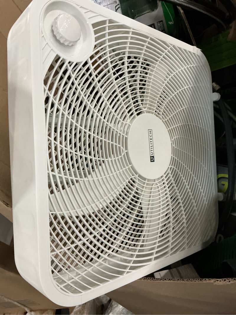 Condition photo showing As Is for utilitech 120 volt high velocity indoor fan, white