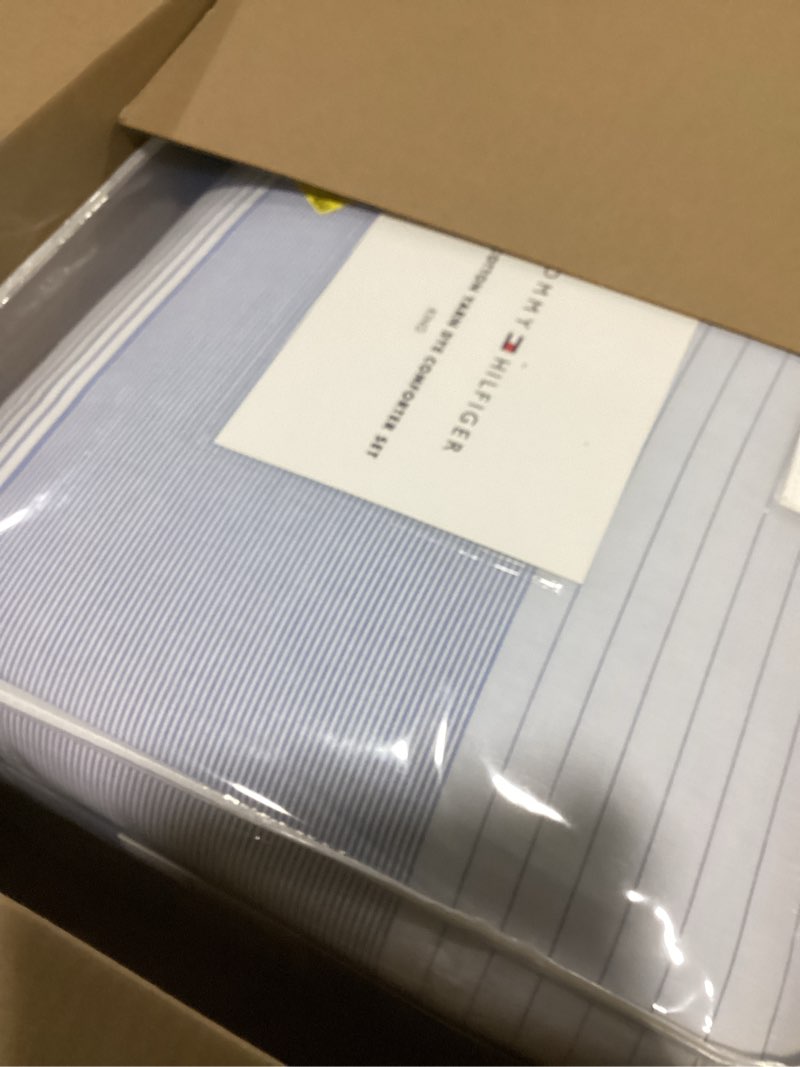 Condition photo showing Good Condition for tommy hilfiger - king comforter set, super soft bedding with matching sham, breathable bed essentials (modern stripe white, king) king modern stripe blue