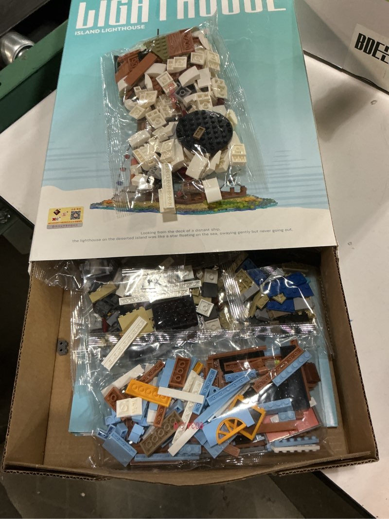 Condition photo showing As Is for mini bricks lighthouse modular building blocks set for adults, ideas beach harbor house architecture model, collectible island fishing cabin set with led lights & gift box (1806pcs)